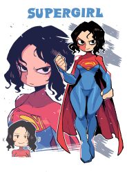 Rule 34 | 1girl, absurdres, animification, artist name, black eyes, black hair, blue bodysuit, bodysuit, cape, character name, clenched hands, closed eyes, closed mouth, commentary, dc comics, dc extended universe, english commentary, full body, highres, looking at viewer, multicolored bodysuit, multicolored clothes, multiple views, rariatto (ganguri), red bodysuit, red cape, short hair, simple background, smile, supergirl, superhero costume, superman (series), tan, the flash (2023), white background