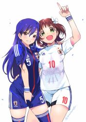 Rule 34 | 2022 fifa world cup, 2girls, adidas, amami haruka, arm up, blue hair, blue shirt, blue shorts, blue thighhighs, blush, bow, breasts, brown hair, commentary, cowboy shot, dot nose, green eyes, hair bow, hand on another&#039;s hip, hand on another&#039;s shoulder, idolmaster, idolmaster (classic), index finger raised, inoue sora, japanese flag, kisaragi chihaya, long hair, looking at viewer, medium breasts, multiple girls, open mouth, parted lips, purple eyes, shirt, shirt tug, short hair, short sleeves, shorts, small breasts, smile, soccer uniform, sportswear, thighhighs, thighs, white background, white bow, white shirt, white shorts, world cup, wristband, zettai ryouiki