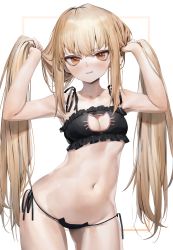 Rule 34 | 1girl, absurdres, armpits, arms up, bare arms, bare shoulders, black bra, black panties, blonde hair, bra, breasts, bunching hair, cat cutout, cat ear panties, cat lingerie, cleavage, cleavage cutout, clothing cutout, collarbone, commission, contrapposto, cowboy shot, frilled bra, frills, frown, girls&#039; frontline, highres, long hair, looking at viewer, meme attire, navel, orange eyes, panties, poharo, second-party source, side-tie panties, sidelocks, small breasts, solo, spaghetti strap, standing, stomach, string panties, twintails, type 80 (girls&#039; frontline), underwear, underwear only, very long hair, wavy mouth