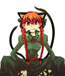 Rule 34 | 1girl, :q, animal ears, braid, female focus, hirafumi, kaenbyou rin, multiple tails, simple background, solo, squatting, tail, tongue, tongue out, touhou, twin braids, white background
