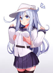 Rule 34 | 1girl, :o, black thighhighs, blue eyes, blue sailor collar, blue skirt, blush, grabbing another&#039;s breast, breasts, disembodied head, disembodied limb, flat cap, grabbing, groping, hammer and sickle, hat, hibiki (kancolle), kantai collection, long hair, long sleeves, medium breasts, open mouth, pleated skirt, reitou mikan, sailor collar, silver hair, simple background, skirt, solo focus, star (symbol), thighhighs, verniy (kancolle), white headwear