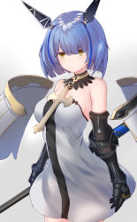 Rule 34 | + +, 1girl, absurdres, armor, azur lane, bare shoulders, blue hair, closed mouth, cowboy shot, cross, detached collar, dress, expressionless, floating, floating object, gascogne (azur lane), gauntlets, headgear, highres, holding, latin cross, looking at viewer, multicolored hair, pauldrons, polearm, ponta (velmar), short hair, shoulder armor, sleeveless, sleeveless dress, solo, standing, strapless, strapless dress, streaked hair, symbol-shaped pupils, weapon, white dress, yellow eyes