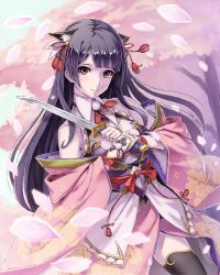 Rule 34 | 1girl, animal ears, bare shoulders, black eyes, black hair, black thighhighs, cherry blossoms, commentary request, copyright request, fukukitaru, holding, japanese clothes, knife, long hair, looking at viewer, petals, solo, thighhighs