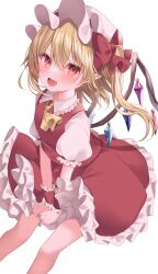 Rule 34 | 1girl, :d, ascot, bow, commentary, crystal, flandre scarlet, frilled skirt, frills, hat, hat bow, highres, looking at viewer, marurupan, medium hair, mob cap, open mouth, pointy ears, red bow, red eyes, red skirt, red vest, shirt, short sleeves, simple background, skirt, smile, solo, touhou, vest, white background, white hat, white shirt, wings, wrist cuffs, yellow ascot