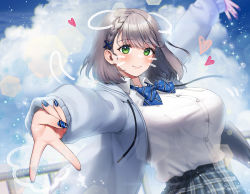 Rule 34 | 1girl, absurdres, blue bow, blue bowtie, blue jacket, blue nails, blue skirt, blush, bow, bowtie, braid, breasts, closed mouth, cloud, cloudy sky, collared shirt, day, drawn whiskers, dress shirt, green eyes, grey hair, hair ornament, heart, highres, hololive, hood, hood down, hooded jacket, huge breasts, jacket, large breasts, looking at viewer, medium hair, nail polish, noixen, open clothes, open jacket, plaid, plaid skirt, shirogane noel, shirogane noel (school uniform), shirt, skirt, sky, smile, solo, striped bow, striped bowtie, striped clothes, upper body, v, virtual youtuber, white shirt, x hair ornament
