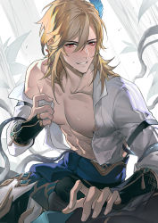 Rule 34 | 1boy, abs, absurdres, blonde hair, collarbone, feather hair ornament, feathers, genshin impact, grin, hair ornament, highres, kaveh (genshin impact), off shoulder, open clothes, pectorals, pos po, red eyes, shirt, smile, sweatdrop, teeth, white shirt