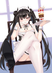 Rule 34 | 1girl, alternate costume, apron, black footwear, black hair, blush, breasts, chair, cleavage, coffeedog, crossed legs, detached sleeves, enmaided, food, frilled apron, frills, garter straps, girls&#039; frontline, hair bun, hand up, high heels, highres, holding, holding tray, horns, ice cream, indoors, large breasts, long hair, looking at viewer, maid, maid apron, maid headdress, neck ribbon, open mouth, ouroboros (girls&#039; frontline), parfait, red eyes, ribbon, sangvis ferri, side bun, single hair bun, single side bun, sitting, solo, thighhighs, tray, twintails, very long hair, white thighhighs, wrist cuffs