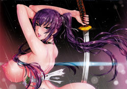 Rule 34 | 1girl, arms up, ass, back, bare shoulders, blue eyes, blush, bottomless, breasts, busujima saeko, choker, fei (maidoll), floating hair, gradient background, hair ribbon, high ponytail, highres, highschool of the dead, holding, holding sword, holding weapon, huge breasts, katana, lips, lipstick, long hair, looking at viewer, makeup, nipples, no bra, parted lips, pink lips, ponytail, puffy nipples, purple hair, rain, ribbon, scan, sideboob, sidelocks, simple background, solo, standing, sword, textless version, torn clothes, weapon, wet