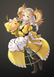 Rule 34 | 1girl, absurdres, apron, bad id, bad pixiv id, black background, blonde hair, blue eyes, boots, bouquet, breasts, cleavage, corset, dress, fingerless gloves, fire emblem, fire emblem awakening, flower, full body, gloves, hair ornament, highres, lissa (fire emblem), looking at viewer, miyakawa koromo, nintendo, pants, parted bangs, simple background, small breasts, solo, standing, sunflower, tareme, twintails, veil, yellow dress