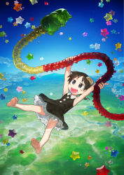 Rule 34 | 1girl, akita (akitaland gothic), akitaland gothic, armpits, arms up, barefoot, black dress, black eyes, black hair, blue sky, braid, buttons, candy, collared dress, commentary, day, dress, drooling, falling star, field, food, frilled dress, frills, gummy bear, gummy worm, highres, holding, holding food, horns, light blush, looking at food, low twin braids, midair, mountainous horizon, open mouth, outdoors, oversized food, oversized object, parted bangs, river, shantotto-sama, short hair, sky, sleeveless, sleeveless dress, smile, solo, star (symbol), twin braids, v-shaped eyebrows