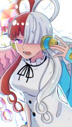 Rule 34 | 1girl, black ribbon, collar, commentary request, dress, frilled collar, frills, hair over one eye, hand on headphones, headphones, highres, looking to the side, lower teeth only, multicolored hair, neck ribbon, one piece, one piece film: red, open mouth, pink wings, purple eyes, red hair, ribbon, sa wint, solo, teeth, twintails, two-tone hair, upper body, uta (one piece), white dress, white hair, white wings, wings