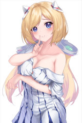 Rule 34 | 1girl, absurdres, aki rosenthal, aki rosenthal (1st costume), arm under breasts, bare shoulders, black bra, blonde hair, blue eyes, blush, bra, breasts, cleavage, detached hair, enatsu, finger to mouth, hair ornament, highres, hololive, off shoulder, short hair, simple background, solo, twintails, underwear, virtual youtuber, white background