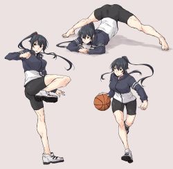 Rule 34 | 1girl, ball, barefoot, basketball, basketball (object), beige background, bike shorts, black hair, black shorts, hair between eyes, highres, jack-o&#039; challenge, jacket, kantai collection, long hair, long sleeves, multiple views, open mouth, ponytail, red eyes, rindou (rindou annon), shoes, shorts, simple background, sneakers, top-down bottom-up, track jacket, very long hair, yahagi (kancolle)