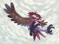 Rule 34 | beak, closed mouth, cloud, commentary request, creatures (company), dated, day, flying, from below, game freak, highres, hisuian decidueye, looking down, mokuzou (moku ssbu), nintendo, no humans, outdoors, pokemon, pokemon (creature), red pupils, sky, solo, talons, yellow eyes
