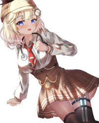 Rule 34 | 1girl, blonde hair, blue eyes, blush, breasts, detective, hair ornament, hat, highres, hololive, hololive english, holomyth, looking at viewer, necktie, red necktie, sheiou, shirt, skirt, smile, solo, virtual youtuber, watson amelia, watson amelia (1st costume), white shirt