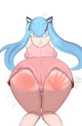 Rule 34 | .live, 1girl, artist request, ass, backboob, bare shoulders, blue hair, breasts, from behind, from below, hair ribbon, handprint, highres, huge ass, large breasts, long hair, red ass, ribbon, shiny skin, short shorts, shorts, solo, spanked, spanking, thick thighs, thighs, top-down bottom-up, twintails, very long hair, virtual youtuber, yamato iori