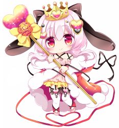 Rule 34 | 1girl, animal ears, black bow, black ribbon, bow, chibi, cloak, closed mouth, commentary request, crossed arms, dress, flower, full body, fur-trimmed cloak, fur trim, hair between eyes, hair bow, hair ornament, heart, heart hair ornament, holding, holding staff, long hair, original, pink dress, pink hair, pleated skirt, rabbit ears, red cloak, red eyes, red flower, red ribbon, red rose, ribbon, rose, shikito (yawa0w0), sidelocks, simple background, skirt, smile, solo, sparkle, staff, thighhighs, toeless legwear, white background, white thighhighs, yellow bow, yellow skirt