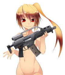 Rule 34 | 1girl, assault rifle, bad id, bad pixiv id, blonde hair, borrowed character, gun, h&amp;k g36c, highres, navel, nude, onibi (foxhound4185), original, red eyes, rifle, side ponytail, smile, solo, weapon, white background