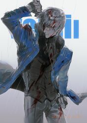 Rule 34 | 1boy, aaaaaa855862, black gloves, blood, blood on clothes, blood on face, blue coat, blue eyes, closed mouth, coat, devil may cry, devil may cry (series), devil may cry 3, fingerless gloves, gloves, highres, holding, holding sword, holding weapon, katana, male focus, solo, sword, vergil (devil may cry), weapon, white hair, yamato (sword)