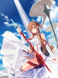 Rule 34 | 10s, 1girl, armor, asuna (sao), bad id, bad pixiv id, breastplate, breasts, brown eyes, brown hair, cape, detached sleeves, highres, holding, holding sword, holding weapon, long hair, long legs, looking at viewer, necomi, outdoors, rapier, smile, solo, sword, sword art online, thighhighs, thighs, weapon, white armor, white thighhighs