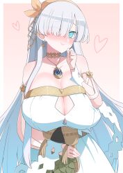 Rule 34 | 1girl, akitokage, anastasia (fate), bare shoulders, blue eyes, blush, breasts, cleavage, collarbone, doll, dress, fate/grand order, fate (series), grin, hair over one eye, hairband, highres, huge breasts, jewelry, long hair, looking at viewer, neck ring, necklace, pendant, smile, solo, very long hair, viy (fate), white dress, white hair