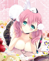 Rule 34 | 10s, 1girl, amiko (frostedchocolate), apple, atelier (series), atelier escha &amp; logy, bad id, bad pixiv id, black skirt, book, braid, breasts, cleavage, escha malier, female focus, food, fruit, green eyes, hat, highres, large breasts, looking at viewer, lying, on stomach, pink hair, pom pom (clothes), red apple, short hair, short twintails, skirt, smile, solo, twintails
