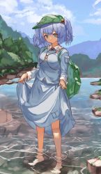 Rule 34 | 1girl, :/, absurdres, backpack, bag, barefoot, blue eyes, blue hair, blue shirt, blue skirt, cabbie hat, closed mouth, collared shirt, commentary, frilled shirt collar, frills, full body, green bag, green hat, hair bobbles, hair ornament, hat, highres, kawashiro nitori, key, long sleeves, looking at viewer, medium hair, mountainous horizon, nature, pocche-ex, pocket, ringed eyes, river, rock, shirt, skirt, skirt hold, solo, touhou, tree, two side up, wading, wing collar