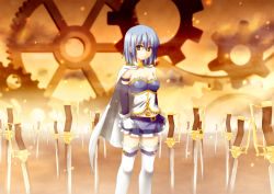 Rule 34 | 1girl, blue eyes, blue hair, cape, fate/stay night, fate (series), female focus, gears, gloves, gradient background, magical girl, mahou shoujo madoka magica, mahou shoujo madoka magica (anime), matching hair/eyes, miki sayaka, nanase yuuji, parody, short hair, sky, solo, sword, thighhighs, unlimited blade works (fate), weapon, white gloves