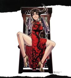 Rule 34 | 00s, 1girl, 2004, absurdres, beretta 92, black lagoon, china dress, chinese clothes, clothes between thighs, dress, dual wielding, from below, full body, grin, gun, handgun, highres, hiroe rei, holding, legs, official art, pistol, revy (black lagoon), sitting, smile, solo, weapon