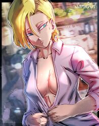 Rule 34 | 1girl, absurdres, android 18, artist name, blonde hair, blue eyes, breasts, buttoning, commentary, dragon ball, dragonball z, dressing, earrings, hair between eyes, highres, hoop earrings, hot, jewelry, large breasts, no bra, sarulart, sleeves rolled up, solo, sweat, symbol-only commentary, upper body