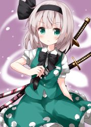 Rule 34 | 1girl, black bow, black bowtie, black hairband, blunt bangs, bow, bowtie, buttons, closed mouth, collared shirt, cowboy shot, floral print, frilled skirt, frills, ghost, ghost print, green eyes, green skirt, green vest, grey hair, hairband, highres, hitodama, katana, konpaku youmu, looking at viewer, multiple swords, puffy short sleeves, puffy sleeves, purple background, ruu (tksymkw), sheath, sheathed, shirt, short hair, short sleeves, skirt, skirt set, solo, standing, sword, touhou, v-shaped eyebrows, vest, weapon, white shirt