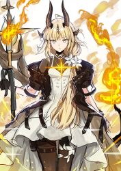Rule 34 | 1girl, absurdres, adamosina, ahoge, arknights, black pantyhose, blonde hair, blue eyes, commentary, cowboy shot, dress, flame-tipped tail, flower, hair flower, hair ornament, highres, holding, holding staff, horns, long hair, looking at viewer, pantyhose, reed (arknights), reed the flame shadow (arknights), short sleeves, solo, staff, standing, very long hair, white dress, white flower