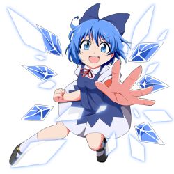 Rule 34 | 1girl, blue dress, blue eyes, blue hair, bow, bwell, cirno, danmaku, doyagao, dress, hair bow, ice, looking at viewer, matching hair/eyes, open mouth, outstretched arm, puffy short sleeves, puffy sleeves, shirt, short sleeves, smile, smug, solo, touhou