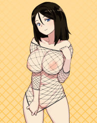 Rule 34 | 1girl, black hair, blue eyes, breasts, closed mouth, cowboy shot, fishnet top, fishnets, girls und panzer, highres, large breasts, long hair, looking at viewer, navel, nipples, nonna (girls und panzer), nude, onsen tamago (hs egg), orange background, smile, solo