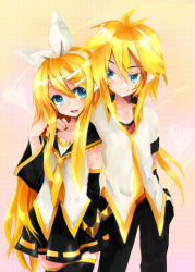 Rule 34 | 1boy, 1girl, aged up, alternate hairstyle, aqua eyes, brother and sister, future style (module), hair ornament, hair ribbon, hairclip, kagamine len, kagamine rin, long hair, mosho, necktie, ribbon, siblings, smile, twins, vocaloid, yellow necktie