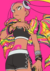 Rule 34 | 1girl, adapted costume, black shirt, black shorts, blonde hair, bracelet, closed mouth, commentary, creatures (company), elizabeth (tomas21), eyeshadow, frown, game freak, hair ornament, hand up, highres, holding, holding poke ball, jewelry, long hair, looking down, makeup, midriff, multicolored hair, nintendo, pink background, pink hair, plumeria (pokemon), poke ball, pokemon, pokemon sm, quad tails, shirt, shorts, simple background, skull hair ornament, sleeveless, sleeveless shirt, solo, stomach tattoo, tank top, tattoo, team skull, two-tone hair, ultra ball, white eyeshadow, yellow eyes