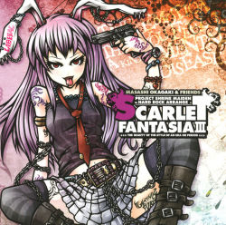 Rule 34 | 1girl, :d, album cover, alternate costume, animal ears, arm support, belt, belt buckle, boots, bracelet, brown footwear, buckle, chain, contemporary, cover, ear piercing, eyelashes, female focus, gradient background, gun, handgun, holding, holding gun, holding weapon, jewelry, knee boots, long hair, midriff, navel, necktie, non-web source, open mouth, piercing, pistol, pleated skirt, project.c.k., purple hair, rabbit ears, red eyes, red necktie, reisen udongein inaba, skirt, smile, solo, spread legs, stomach, strapless, striped clothes, striped thighhighs, tattoo, thighhighs, tongue, tongue out, tongue piercing, touhou, tsurime, weapon, white skirt
