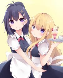Rule 34 | 2girls, apron, black dress, black hair, blonde hair, blush, breasts, closed mouth, collared dress, commentary request, cup, dress, gabriel dropout, gabriel tenma white, hair between eyes, hand up, highres, holding, holding tray, kyuukon (qkonsan), long hair, looking at viewer, medium breasts, multiple girls, parfait, pink ribbon, puffy short sleeves, puffy sleeves, purple eyes, ribbon, short sleeves, simple background, smile, teacup, tray, very long hair, vignette tsukinose april, wafer stick, waist apron, waitress, white apron, yellow background