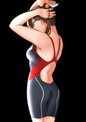 Rule 34 | 1girl, ass, bad id, bad pixiv id, black background, black one-piece swimsuit, breasts, brown eyes, brown hair, commentary request, competition swimsuit, cowboy shot, from behind, hair ribbon, hieda (hiedanoaqn), highres, kantai collection, long hair, one-piece swimsuit, ribbon, small breasts, solo, standing, swimsuit, tone (kancolle), twintails, white ribbon