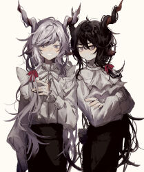 Rule 34 | 2boys, absurdres, animal ears, arknights, black hair, black skirt, brown background, closed mouth, clothing cutout, crossed arms, ebenholz (arknights), eyebrows hidden by hair, grey eyes, grey hair, hair between eyes, highres, horns, i (pixiv27212731), kreide (arknights), long sleeves, male focus, multiple boys, puffy long sleeves, puffy sleeves, shirt, simple background, skirt, sleeves past wrists, smile, tail, tail through clothes, white shirt