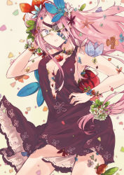 Rule 34 | 1girl, arm up, breasts, center opening, cleavage, dress, eyepatch, floral print, flower, glasses, hair flower, hair ornament, hand on own hip, hrd, looking at viewer, original, pink hair, purple eyes, solo, wind
