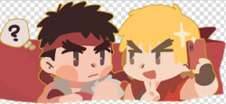 Rule 34 | 2boys, black hair, blonde hair, blush stickers, chibi, flat color, forked eyebrows, headband, holding, holding phone, ken masters, lowres, male focus, multiple boys, phone, ryu (street fighter), short hair, street fighter, thick eyebrows, upper body, yuiofire