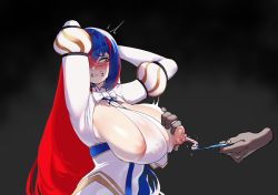 Rule 34 | 1boy, 1girl, alear (female) (fire emblem), alear (fire emblem), alternate breast size, areola slip, arm up, arms behind head, arms up, blue eyes, blue hair, blush, grabbing another&#039;s breast, breast press, breasts, breasts squeezed together, crossed bangs, dark-skinned male, dark skin, fire emblem, fire emblem engage, grabbing, hetero, heterochromia, highres, huge breasts, lactation, large areolae, long hair, multicolored hair, nintendo, nyantcha, red eyes, red hair, toothpaste, two-tone hair, very long hair, what