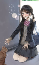 Rule 34 | 1girl, :d, absurdres, animal, bag, black hair, black jacket, black socks, blazer, blush, bow, brown cardigan, brown footwear, cardigan, cat, collared shirt, day, diagonal stripes, dress shirt, full body, grey skirt, highres, jacket, kneehighs, kneeling, long hair, nose blush, open clothes, open jacket, open mouth, original, outdoors, outstretched arms, pentagon (railgun ky1206), pleated skirt, purple bow, red eyes, ribbed legwear, school bag, shirt, sidelocks, skirt, smile, socks, solo, striped, striped bow, translated, twintails, very long hair, white shirt