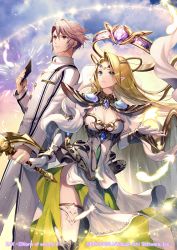 Rule 34 | 1boy, 1girl, blonde hair, breasts, brown eyes, brown hair, cleavage, company name, copyright name, fierte, gloves, green eyes, hair between eyes, halo, holding, holding sword, holding weapon, long hair, momoshiki tsubaki, official art, outdoors, pointy ears, standing, sword, watermark, weapon, white gloves, z/x