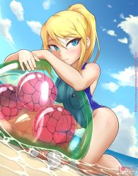 Rule 34 | 1girl, bare shoulders, beach, blonde hair, blue eyes, blue one-piece swimsuit, breast press, competition swimsuit, looking to the side, metroid, metroid (creature), nintendo, ocean, one-piece swimsuit, ponytail, rilex lenov, samus aran, sand, smile, swimsuit, thighs, water, watermark