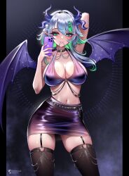 Rule 34 | 1girl, absurdres, apricot the lich, arm behind head, artist name, bikini, black choker, black hairband, black skirt, black thighhighs, breasts, cellphone, chain, choker, cleavage, closed mouth, clothes in mouth, colored inner hair, demon girl, demon horns, demon wings, discord username, ear piercing, fingernails, green eyes, green hair, grey hair, hair ornament, hairband, highres, holding, holding phone, horns, iphone, jewelry, large breasts, long fingernails, multicolored hair, multiple horns, navel, o-ring, o-ring choker, o-ring legwear garter, parted bangs, pencil skirt, phone, piercing, pointy ears, purple bikini, purple horns, purple nails, purple skirt, purple wings, reimundpurr, sidelocks, simple background, skirt, smartphone, smile, solo, sparkle, standing, streaked hair, swimsuit, taking picture, thighhighs, virtual youtuber, vshojo, wings, x hair ornament