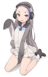 Rule 34 | &gt;:d, 10s, 1girl, :d, ankle boots, between legs, black footwear, black gloves, black hair, blush, boots, forehead, full body, giant penguin (kemono friends), gloves, hand between legs, headphones, highres, jacket, kemono friends, kneehighs, long hair, long sleeves, looking at viewer, miniskirt, multicolored hair, open mouth, purple hair, raglan sleeves, red eyes, shone, simple background, single hair intake, sitting, skirt, smile, socks, solo, straight hair, streaked hair, thick eyebrows, track jacket, v-shaped eyebrows, very long hair, wariza, white background, white jacket, white skirt, white socks, zipper