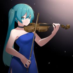 Rule 34 | 1girl, aqua eyes, aqua hair, bare arms, bare shoulders, black choker, blue dress, breasts, choker, closed mouth, commentary request, dress, eyebrows hidden by hair, fhang, hair between eyes, hatsune miku, highres, holding, holding instrument, holding violin, instrument, long hair, small breasts, smile, solo, standing, strapless, strapless dress, twintails, very long hair, violin, vocaloid