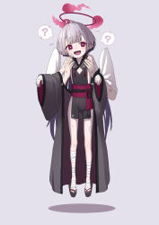 Rule 34 | 1girl, 1other, ?, absurdres, bandaged leg, bandaged wrist, bandages, bare shoulders, bell, blue archive, blush, clothing cutout, dangling legs, detached sleeves, flat chest, full body, grey background, grey hair, grey sleeves, halo, highres, jingle bell, long hair, mogurii, obi, okobo, open mouth, pointy ears, red eyes, red halo, sandals, sash, shuro (blue archive), simple background, spoken question mark